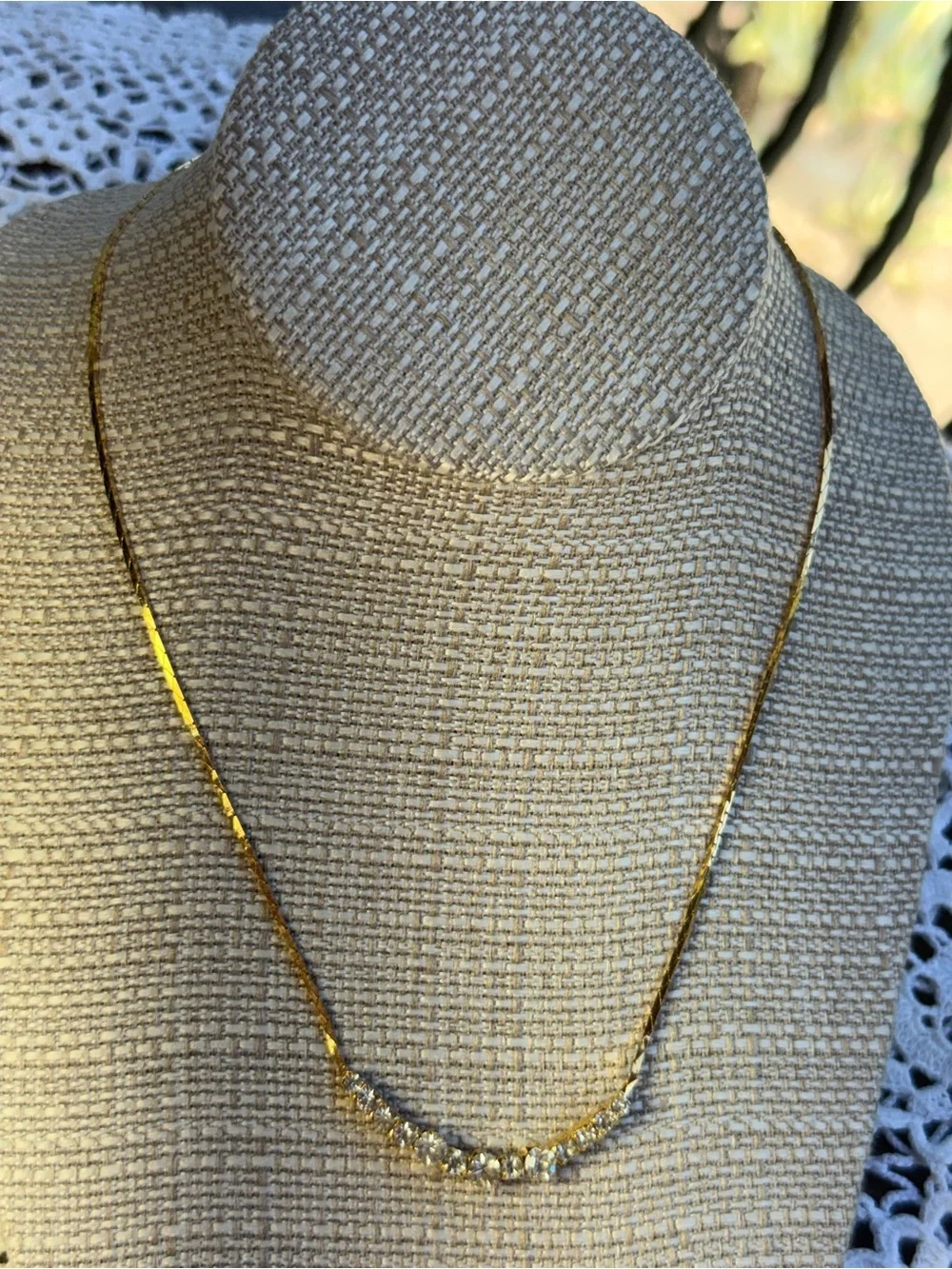Gold Crystal Necklace curved bar- gold sparkling graduated‎ stones 16.5” CZ’s CZ